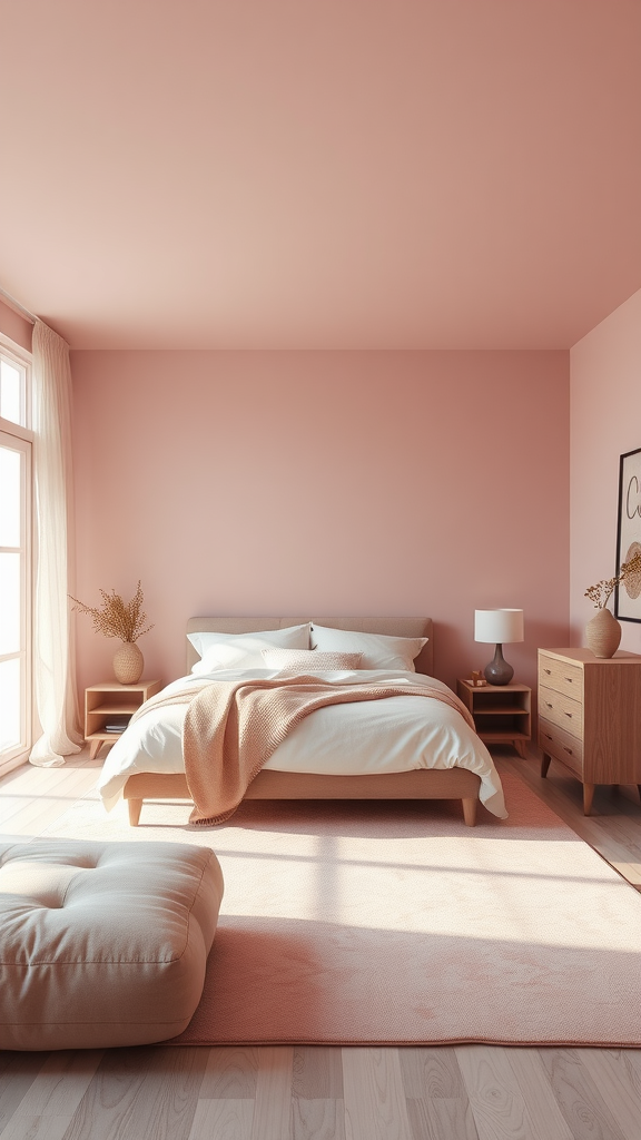 A cozy bedroom with dusty pink walls, a comfortable bed, and light streaming through the windows.