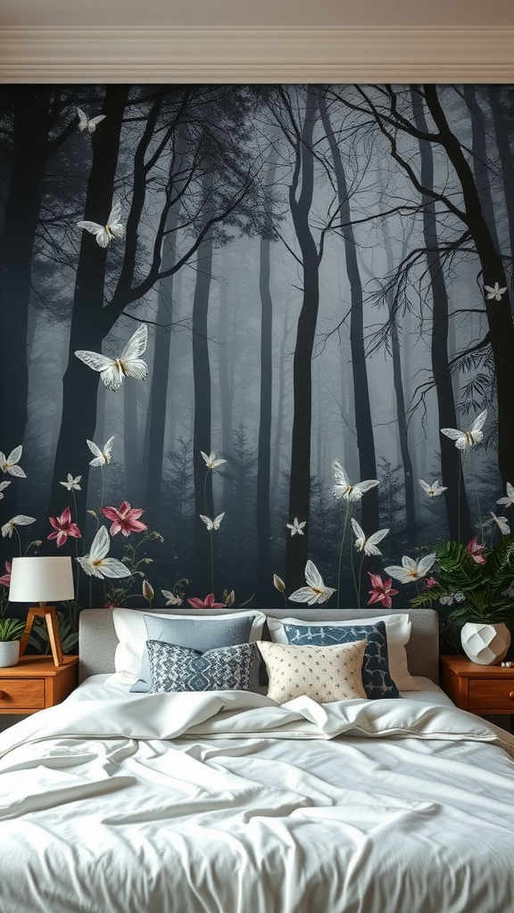 A dark cottagecore bedroom featuring a forest mural with butterflies and flowers.