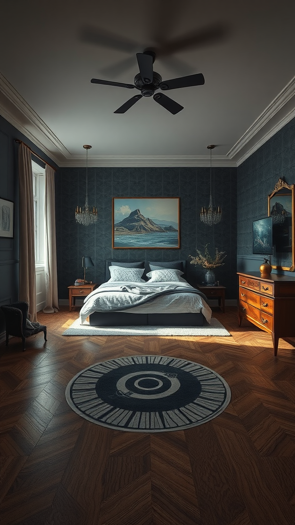 A moody bedroom with dark walls, a herringbone wooden floor, and a round rug in the center.