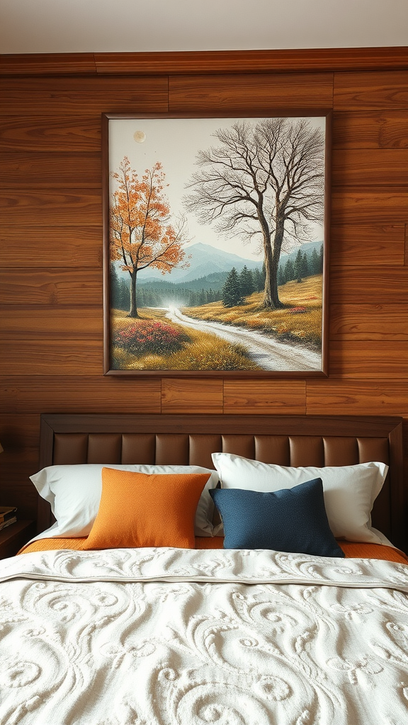 A serene landscape painting with autumn trees above a cozy cherry wood bedroom.