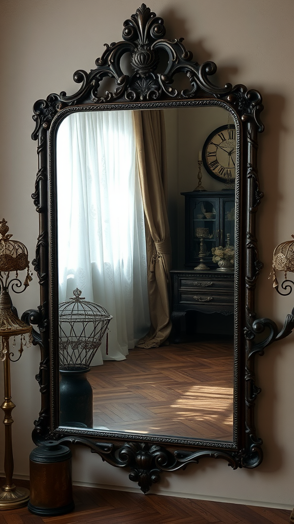 An ornate mirror with a gothic bohemian frame reflecting a cozy interior with curtains and decorative elements.