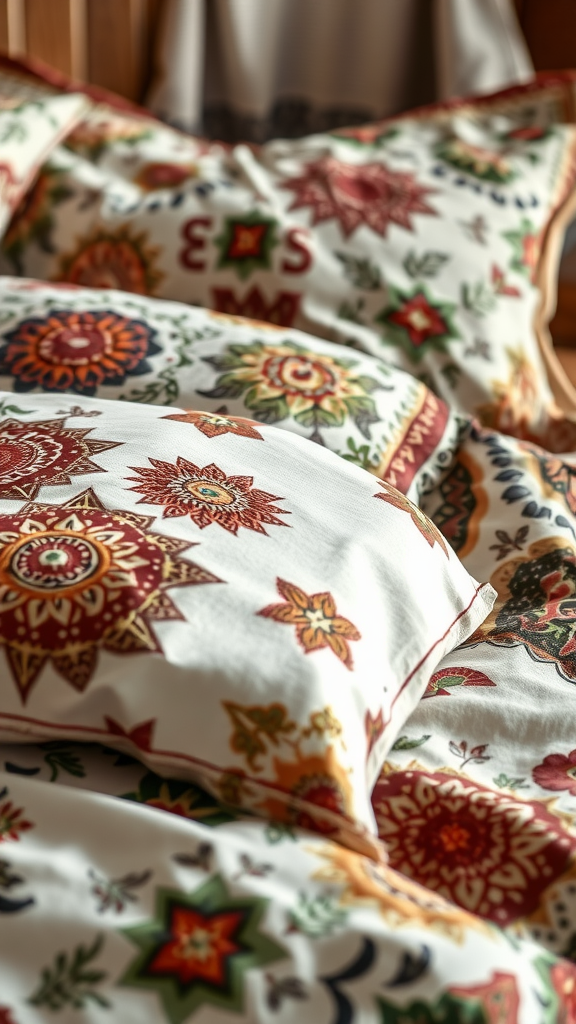 Colorful bedding with intricate floral and geometric patterns