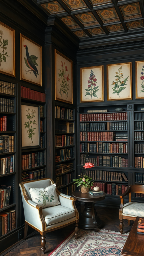 Cozy library corner with faded botanical prints on the walls and dark wooden shelves filled with books.