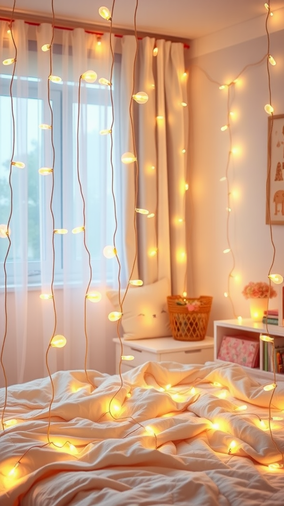 A kawaiicore bedroom adorned with warm fairy lights, creating a soft glow around a cozy bed.