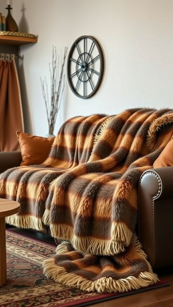 A cozy leather couch adorned with a faux fur throw blanket in warm earthy tones, creating a cowboy-inspired living room atmosphere.