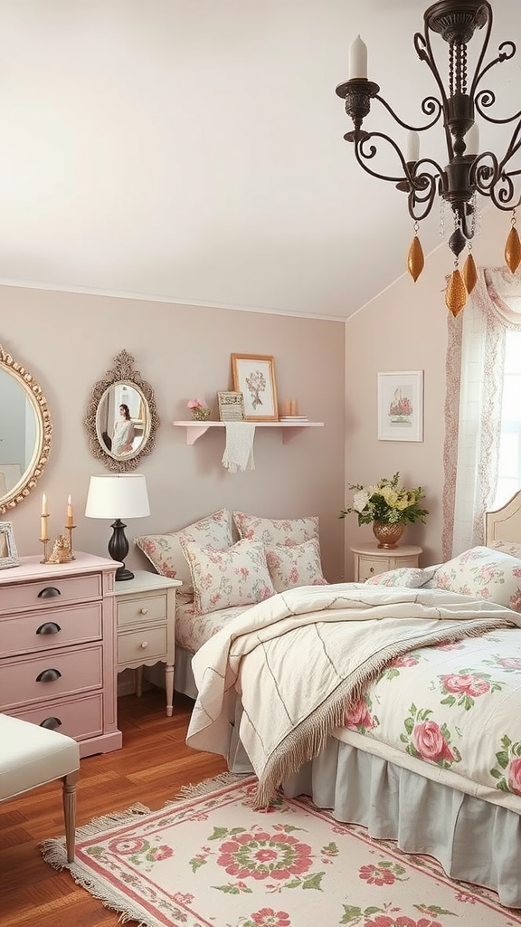 A cozy shabby chic bedroom with floral patterns, a chandelier, and soft colors.
