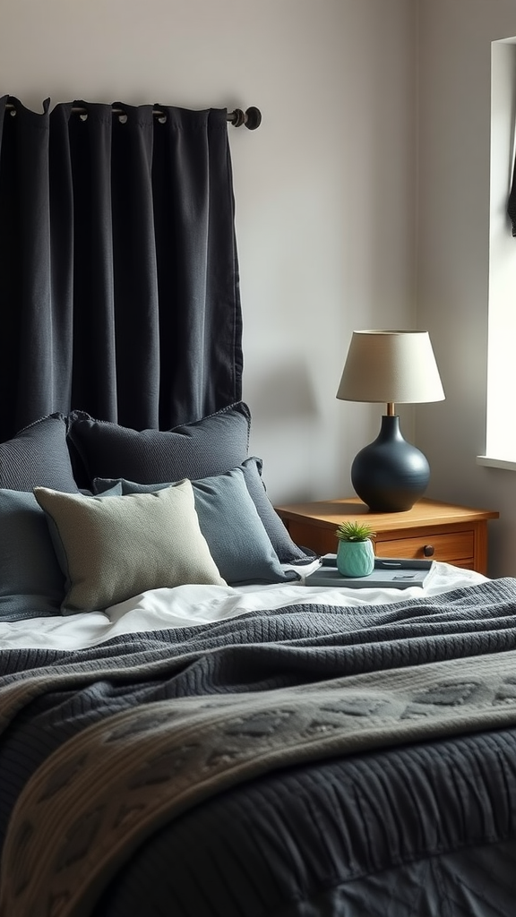 Dark cottagecore bedroom featuring layered bedding and a bedside lamp