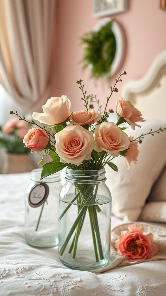 Floral arrangements of peach roses in glass jars on a bed