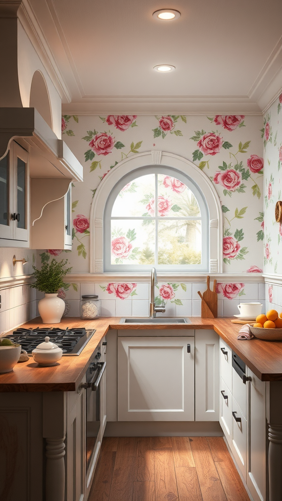 Cozy kitchen featuring floral wallpaper with roses, wooden countertops, and natural light from a circular window.