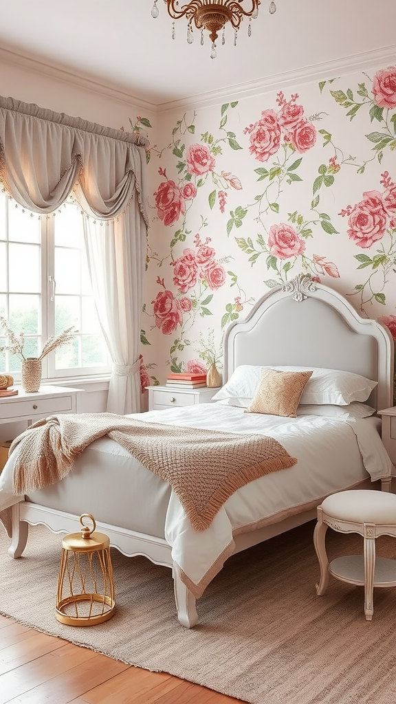 A cozy shabby chic bedroom with pink floral wallpaper, white furniture, and warm decor.