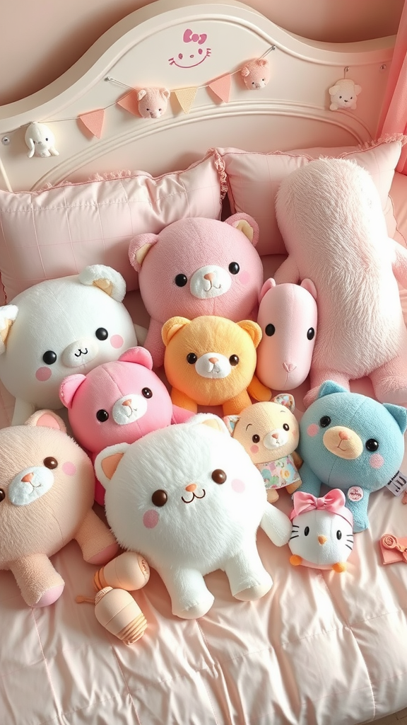 A collection of colorful fluffy plush toys arranged on a bed