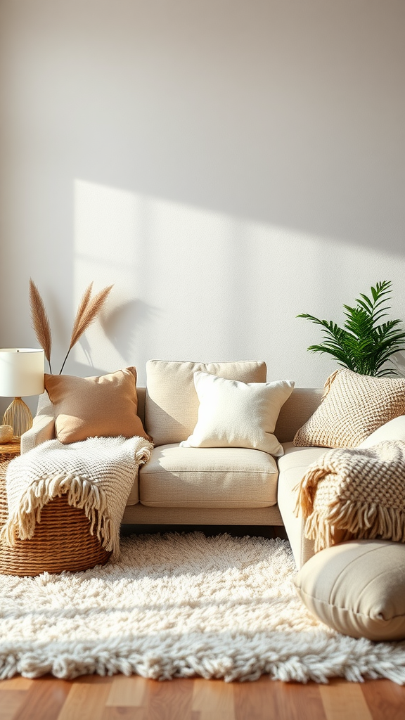 Cozy living room with a fluffy rug, beige sofa, and natural decor elements.