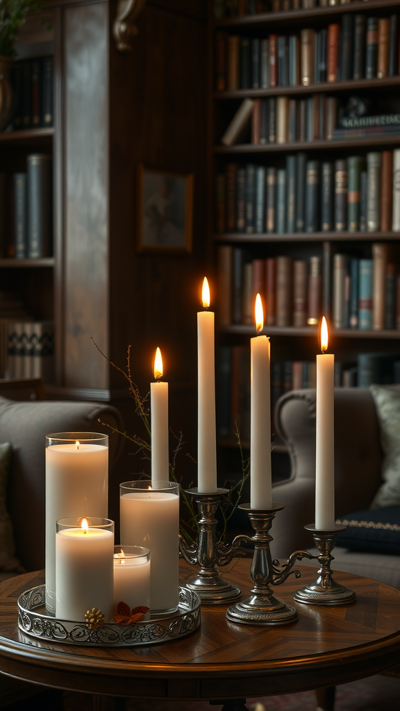 A cozy arrangement of candles on a table in a library, surrounded by shelves of books.