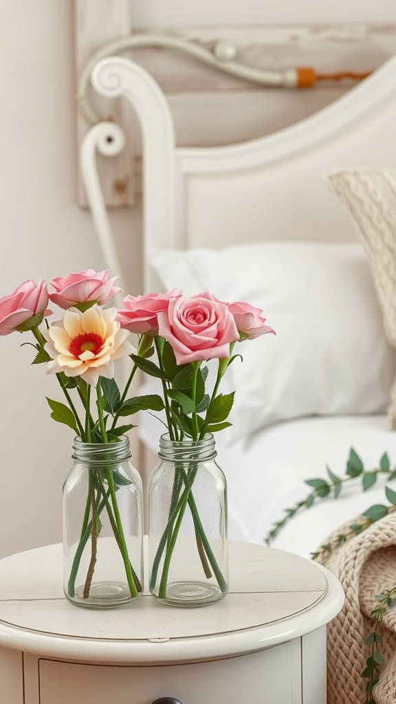 Two glass jars with fresh flowers on a nightstand in a cozy bedroom