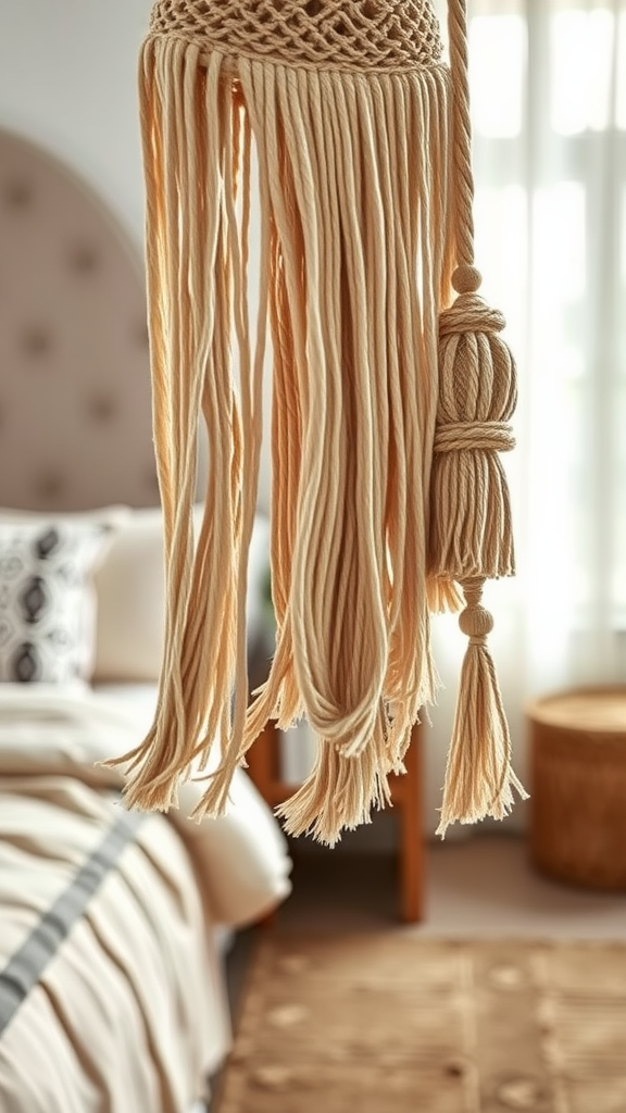 A close-up of a macramé piece with fringes hanging in a western boho bedroom setting
