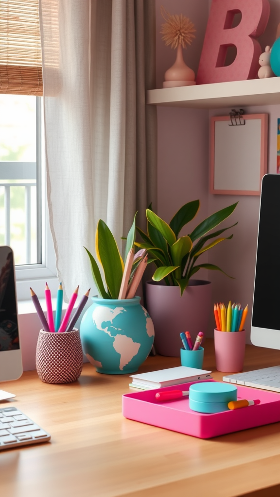 A colorful desk setup featuring plants, stationery, and a computer, reflecting a fun and functional workspace.