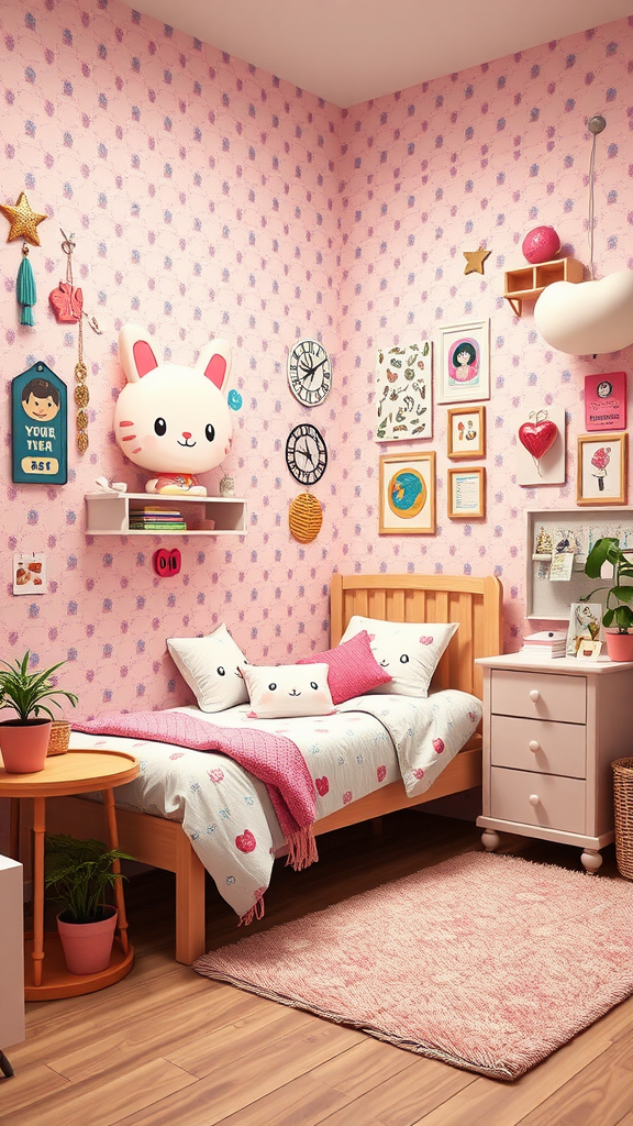 A colorful kawaiicore bedroom decorated with cute elements, including a plush cat lamp, cheerful bedding, and playful artwork.