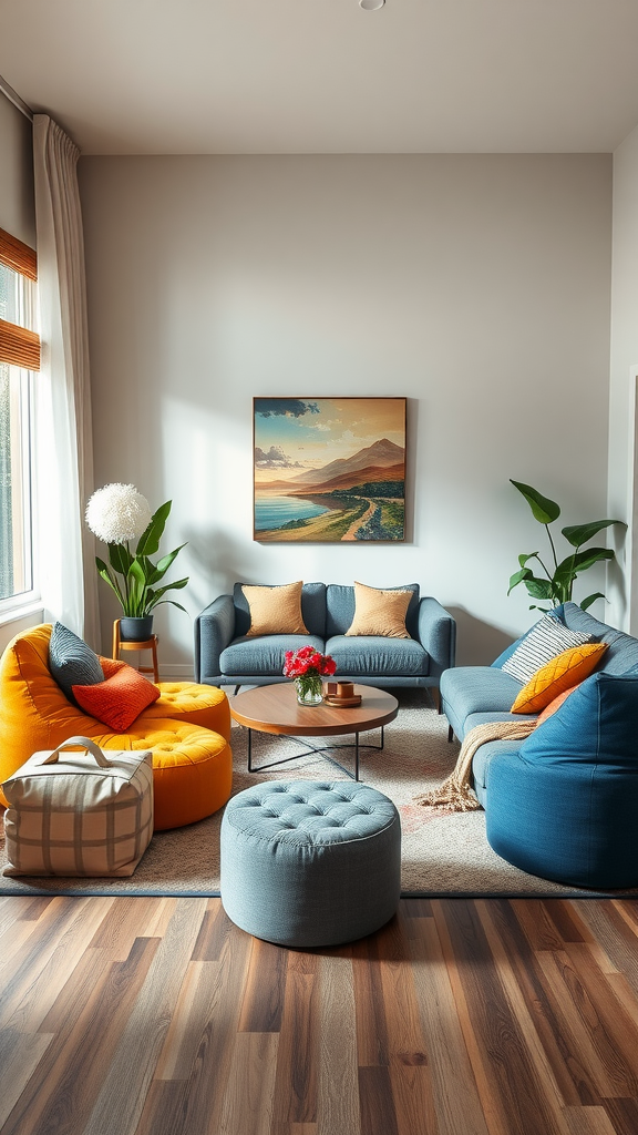 A cozy living room with colorful seating arrangements, including blue sofas, orange bean bags, and a wooden coffee table.