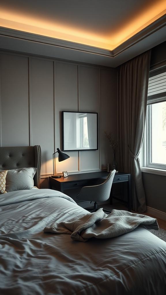 Moody bedroom featuring a workspace with a desk, chair, and soft lighting.