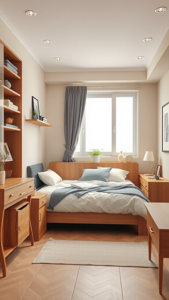 Cozy small beige bedroom with wooden furniture and natural light