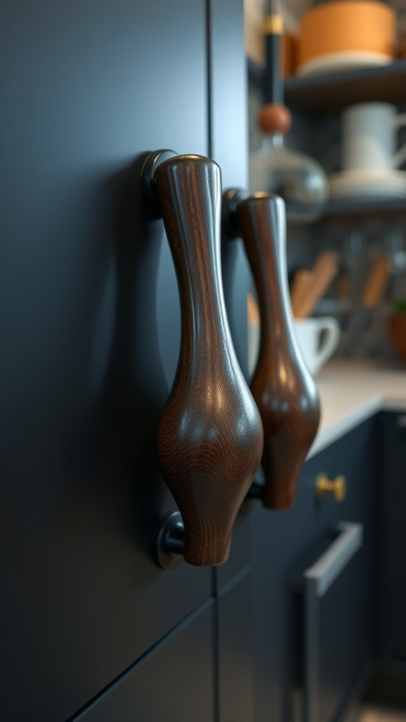 Close-up of dark wood kitchen handles on a modern cabinet