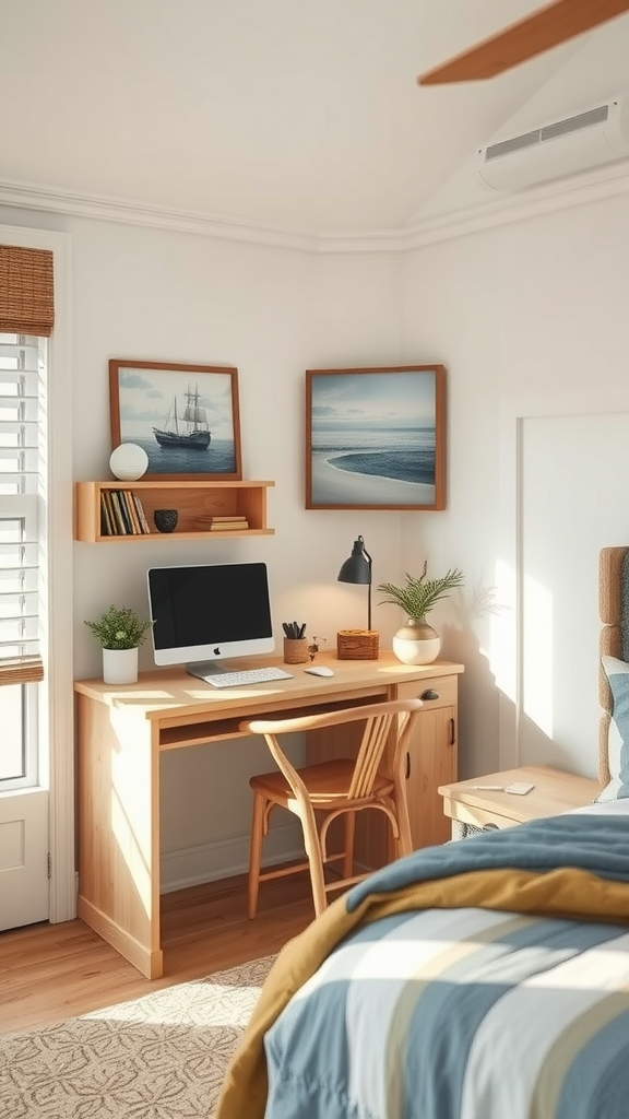 A cozy workspace with a wooden desk, computer, and coastal-themed decor.