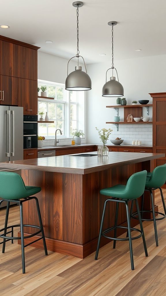 A modern kitchen featuring a dark wood island with green stools and pendant lighting.