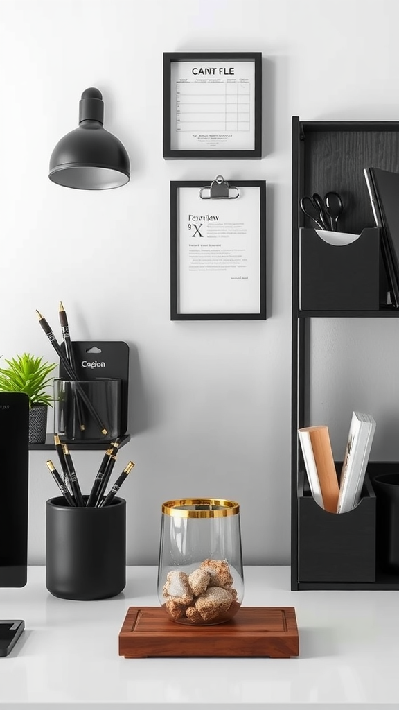 A modern workspace with a lamp, framed notes, and stylish accessories, showcasing a blend of functionality and design.