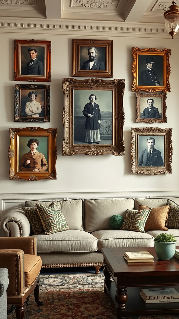 Gallery wall of family portraits in ornate frames above a cozy living room sofa