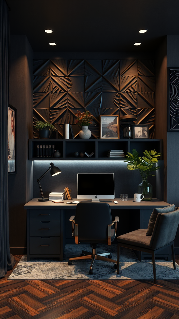 A stylish office featuring a geometric patterned wall, modern desk, and chair, surrounded by decorative elements.