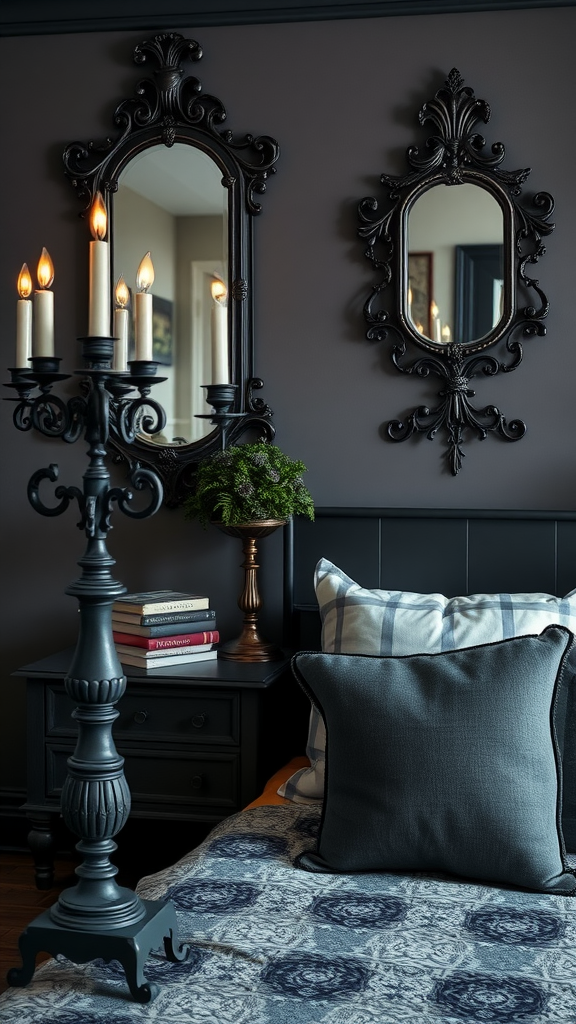 A gothic-inspired dark cottagecore bedroom featuring a candle holder, ornate mirrors, and cozy bedding.