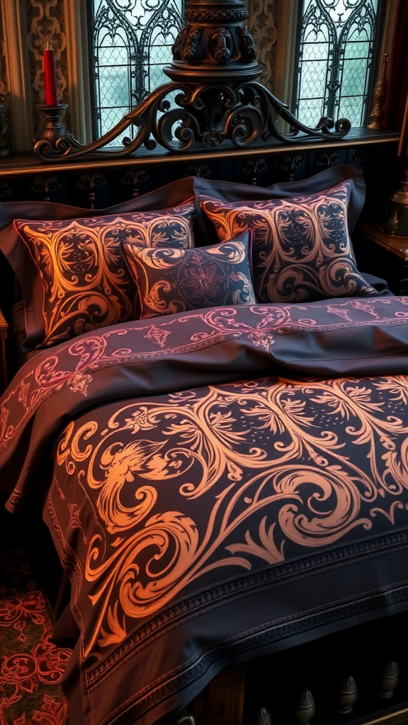Gothic-style bedding set featuring intricate patterns and rich colors