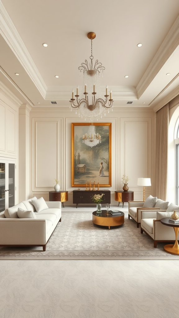 Luxurious beige master suite with elegant chandelier and stylish furniture
