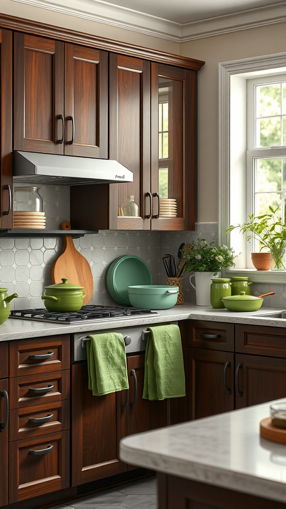 A cozy dark wood kitchen featuring green kitchen accessories, including bowls, pots, and towels, with plants on the windowsill. Green Dark Wood Kitchen