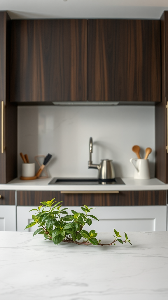 A fresh green plant on a marble countertop in a dark wood kitchen
