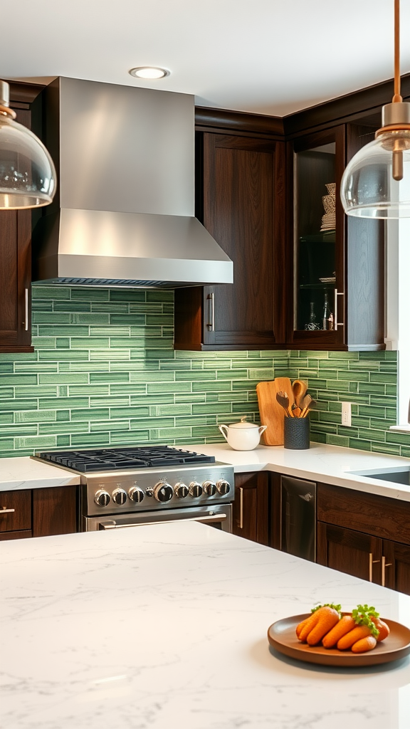 A modern kitchen featuring a green tile backsplash and dark wood cabinets, with a stainless steel range and a countertop of white marble. A plate of fresh carrots is on the counter.