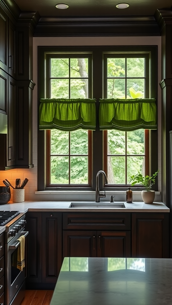 A kitchen featuring green window treatments paired with dark wood cabinets