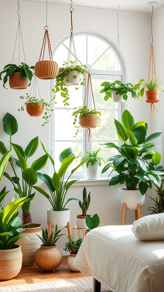 A bright living room filled with various hanging and potted plants, showcasing a serene and inviting atmosphere.