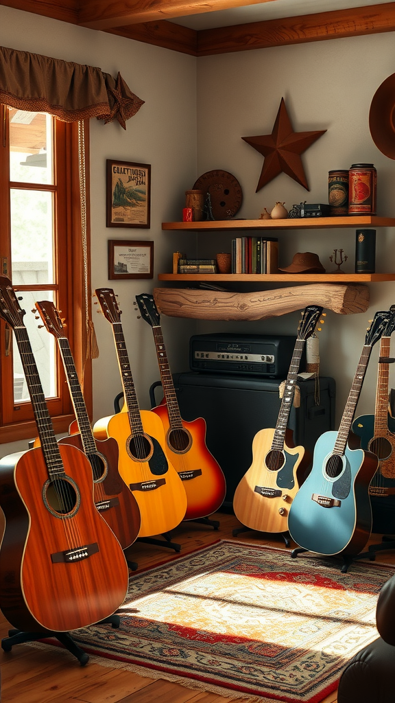 Cozy guitar corner in a cowboy living room with various acoustic guitars and rustic decor.
