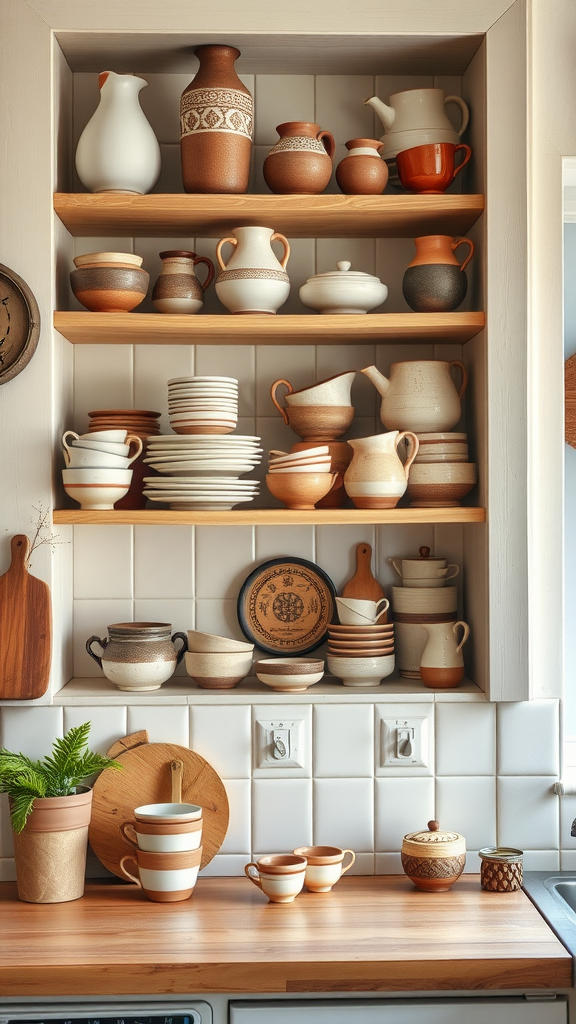 A collection of handmade pottery displayed on wooden shelves in a cozy kitchen.