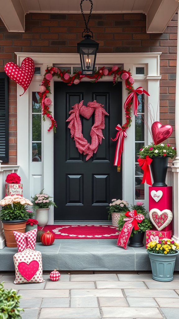 A beautifully decorated porch for Valentine's Day with a heart-shaped wreath, festive pillows, and colorful decorations. valentine porch decorating ideas