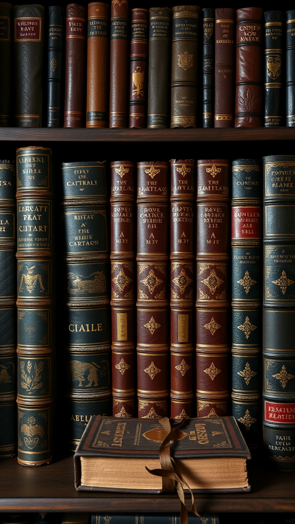 Collection of leather-bound books on shelves in a dark cottagecore style library.