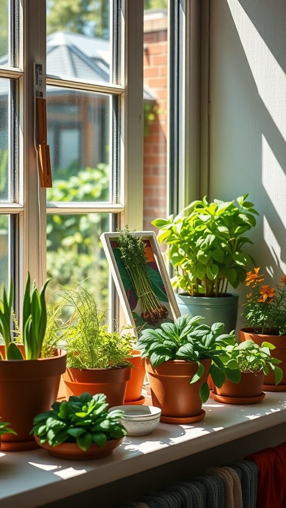 A bright windowsill filled with various herbs in terracotta pots, with sunlight streaming in.