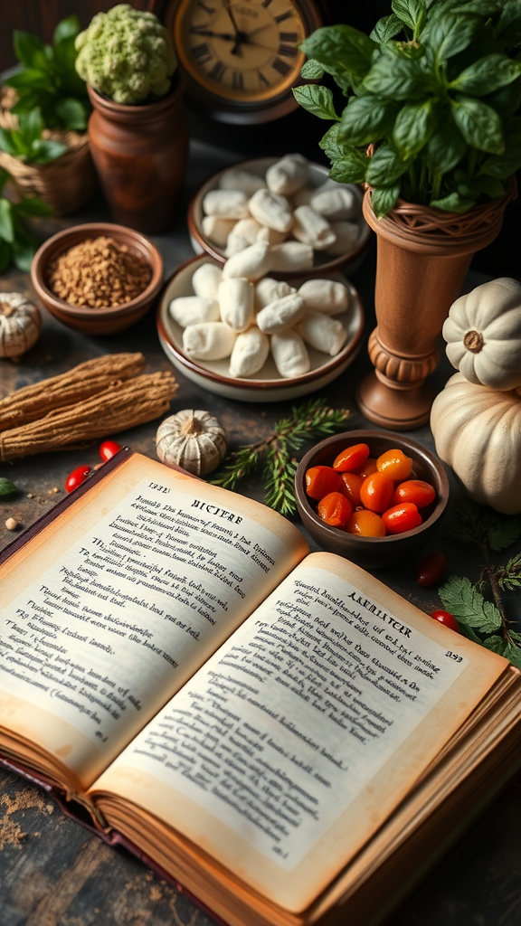 An open cookbook in a cozy kitchen setting filled with fresh herbs, spices, and various ingredients.