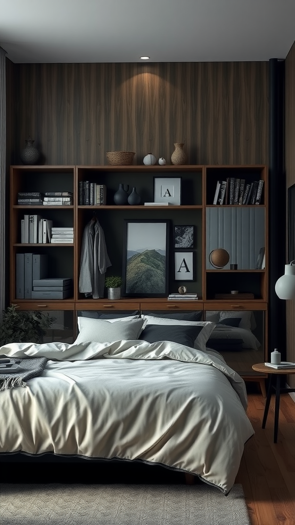 A modern bedroom featuring hidden storage solutions with dark wood shelves, neatly arranged items, and a cozy bed.
