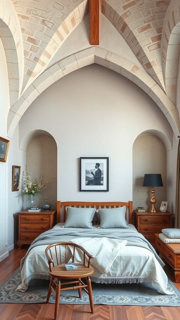Cozy bedroom with vaulted ceiling and wooden furniture