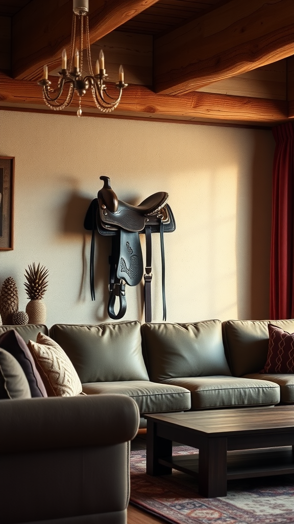 A cozy living room featuring a horse saddle on the wall, with a warm sofa and rustic decor.