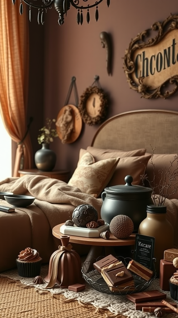 Cozy chocolate-themed bedroom with chocolate decor, including treats and warm brown tones.