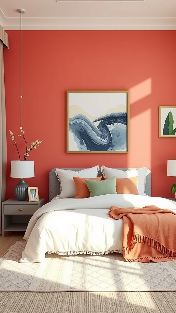 A cozy bedroom with a coral accent wall, featuring a bed with white bedding and colorful pillows, a piece of artwork, and a stylish nightstand.