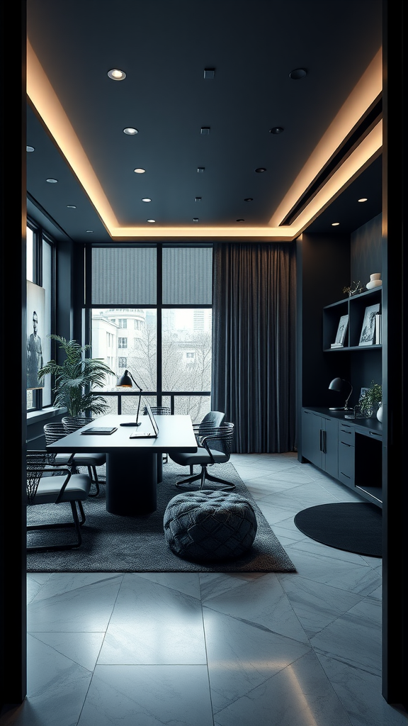 A modern office space featuring dark colors, soft lighting, and a stylish design. Moody Office Ideas